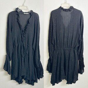 Shona Joy Women's Black Ruffle Mini Dress Flare Sleeve Stripe Gold Size 6 Witchy